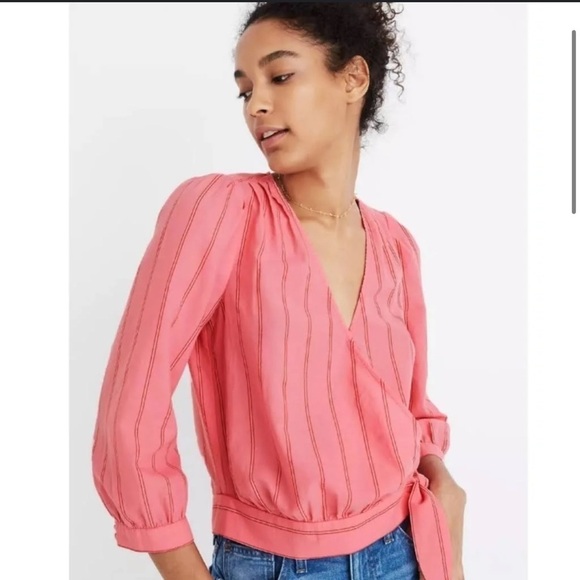 Madewell Contemporary Cecilia Striped Pink Bubble Sleeve Wrap Top Blouse - Picture 2 of 12